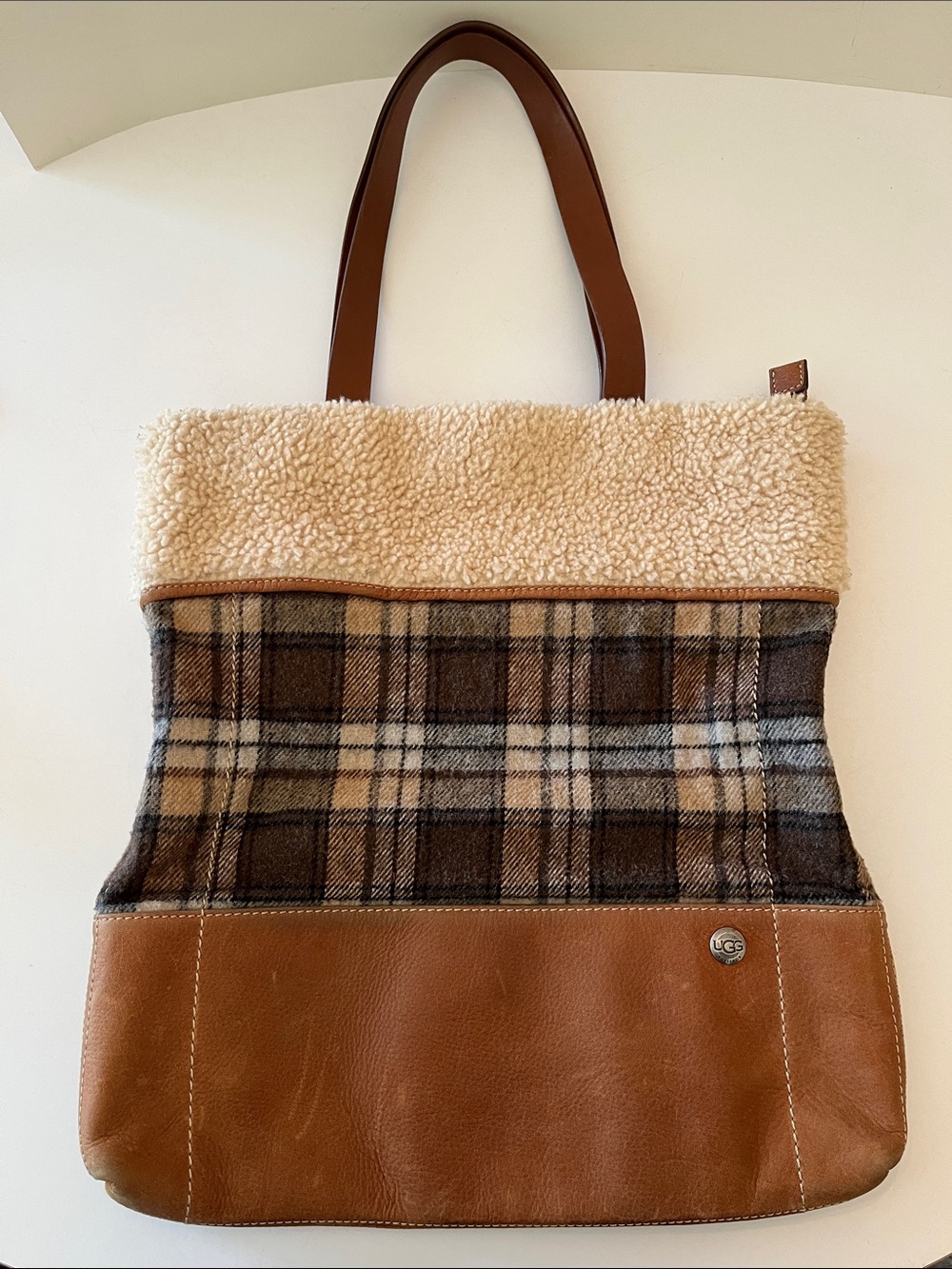 UGG Cameron Tote shearling plaid leather bag